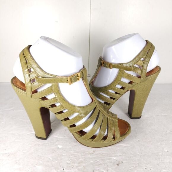CHIE MIHARA Women's US7-7,5 EU38 Oliv Green Leather Caged Heels Strappy Sandals - Picture 9 of 16